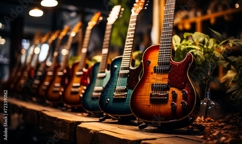 The selection of acoustic guitars. Electric guitars in row on wooden shelf in music store