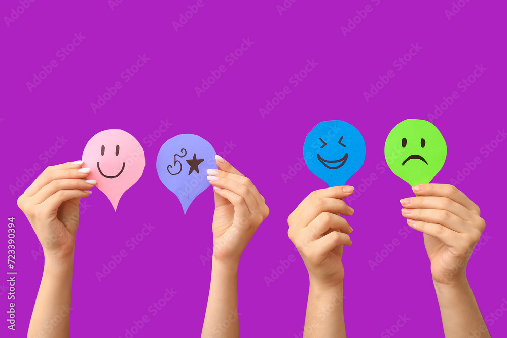 Women with rating speech bubbles on purple background. Customer experience concept Women with rating speech bubbles on purple background. Customer experience concept