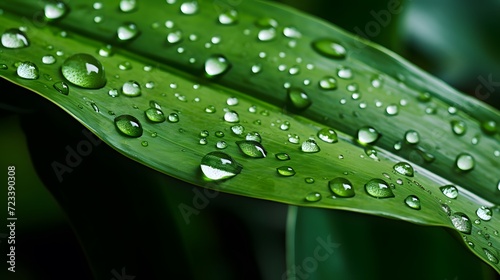 A macro shot of water drops on a tropical leaf 
