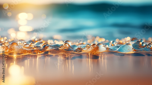 Sandy beach with light blue transparent water waves and sunlight, tranquil aerial beach scene