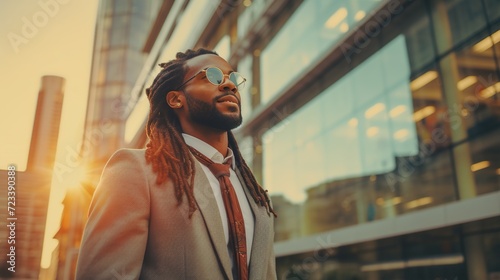 modern african businessman with dreadlock hairstyle standing in big city on skyscrapers background, business and success concept