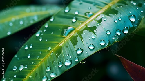 A macro shot of water drops on a tropical leaf