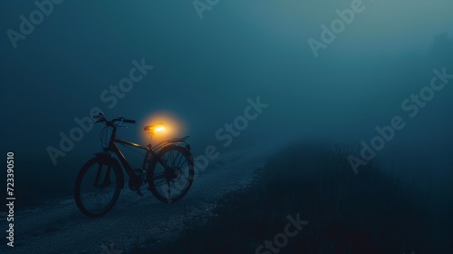 Bike with lights turned on in the dark fog 
