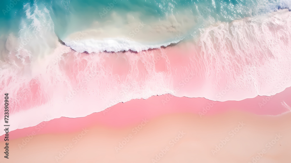 Fototapeta premium Sandy beach with light blue transparent water waves and sunlight, tranquil aerial beach scene