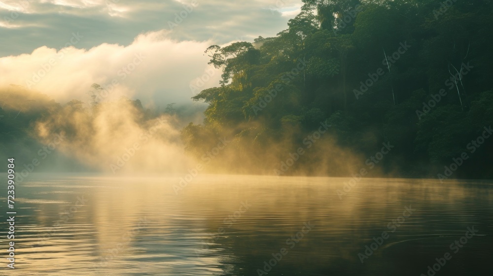 Beautiful Amazon River with fog in a beautiful sunrise with a blue sky with clouds in high resolution and quality. rivers concept