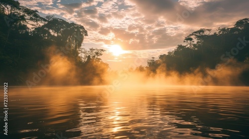 beautiful amazon river with fog photo