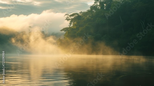 Beautiful Amazon River with fog in a beautiful sunrise with a blue sky with clouds in high resolution and quality. rivers concept