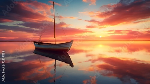 A sunset and a boat after golden hour. Calm and relaxation background
 photo