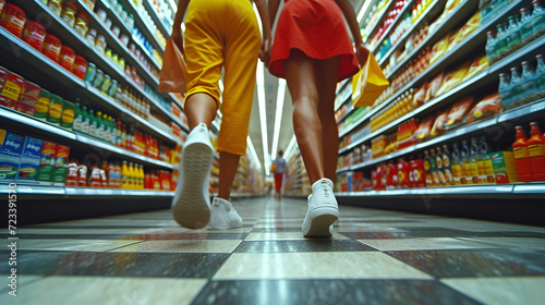 Two Young females in grocery store - supermarket - grocery shopping - low angle shot 