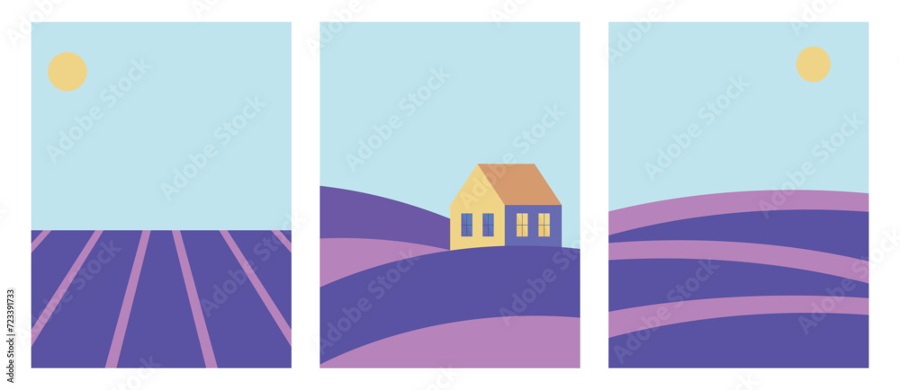 Obraz premium Lavender field, abstract poster set. Vector illustration.