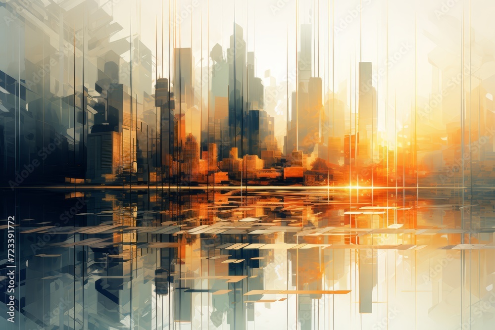 City with sun reflecting in the water and an abstract building