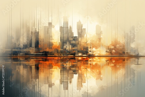 City with sun reflecting in the water and an abstract building