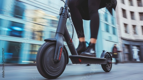 Close up of woman riding black electric kick scooter at cityscape, motion blur photo