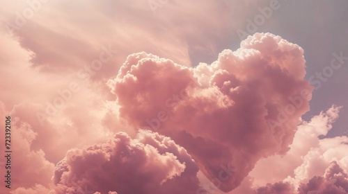 Beautiful Fluffy Clouds the Shape of a Love Heart. Romantic Valentine’s Day Background with Pink Sky. photo