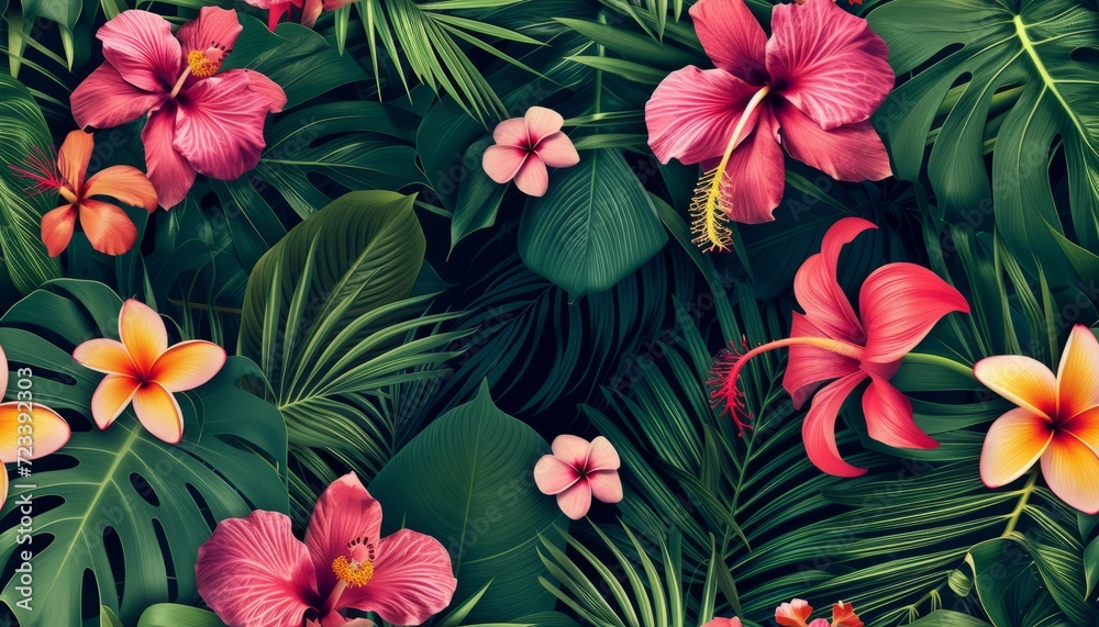 Naklejka premium Tropical floral seamless pattern background with exotic flowers, palm leaves, jungle leaf, orchid