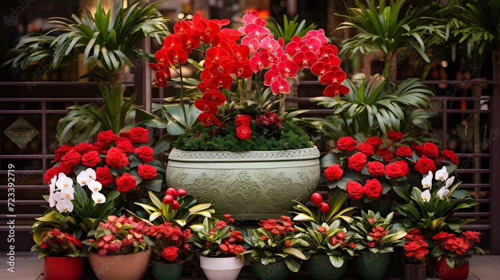 Chinese New Year potted plants display, depicted vividly in it's details surrounded by shiny green leaves and red blooms