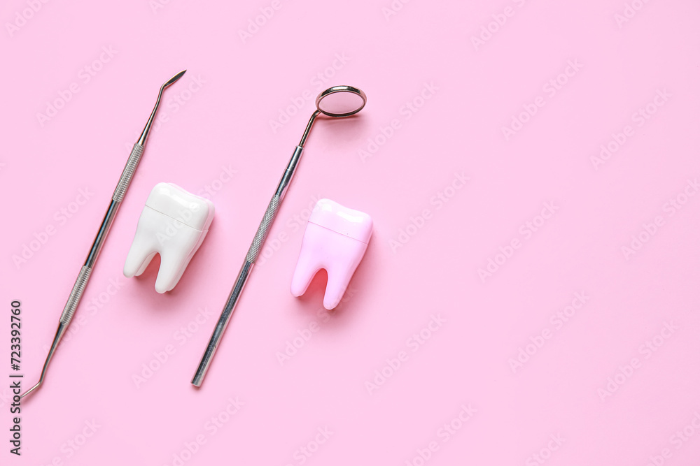 Dental tools and tooth models on pink background. World Dentist Day Dental tools and tooth models on pink background. World Dentist Day