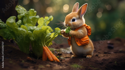 cute bunny in a garden with carrots photo