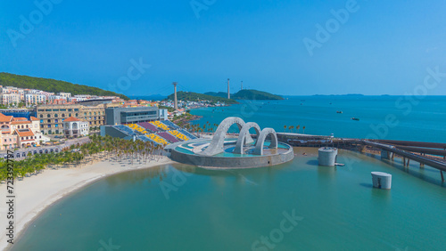 Aerial view of Sunset ghost town and Kiss bridge in Phu Quoc island, Vietnam. Fast being developed European city copy. Amazing future resort