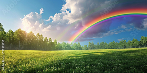 A rainbow over a green field with a rainbow in the background, Green grass field, blue sky rainbow, background nature, cloudy park, Sunny day with rainbow and fluffy white clouds 
 photo