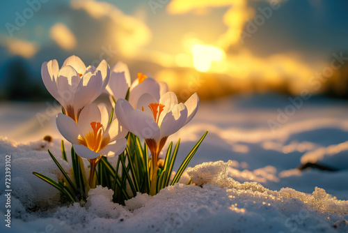 The first flowers under the snow in early spring. Background with selective focus and copy space © top images
