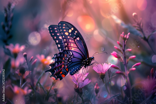 Butterfly on the spring field. Background with selective focus and copy space