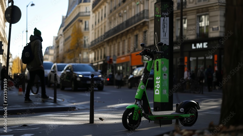 picture shows self-service electric scooters in the streets of Paris, France, 