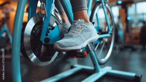 Fitness machine at home woman biking on indoor cycling stationary bike exercise indoors for cardio workout. Closeup of shoes on bicycle 