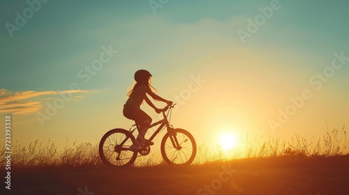 girl kid silhouette bike riding on a park. kid girl rides a bike in nature in park on the road. happy family kid dream concept. daughter plays a bike lifestyle rides on a sandy road 