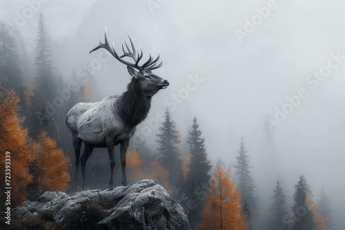 A majestic elk surveys the misty wilderness, perched atop a rocky outcrop, its antlers proudly on display in the tranquil mountain air photo
