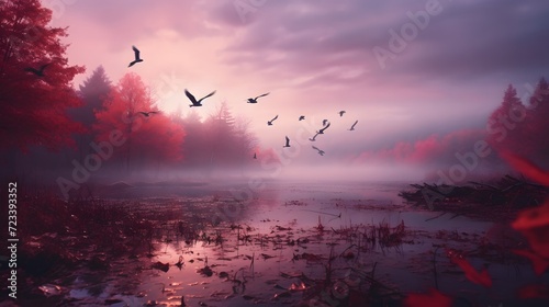 Falling crimson leaves and lone wild geese flying together, autumn streams merge with the endless sky in one hue, Cinematic photography style. photo