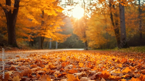 Close-Up of Woodland ground, covered in Golden Autumn Leaves. Fall Themed Nature Background. photo