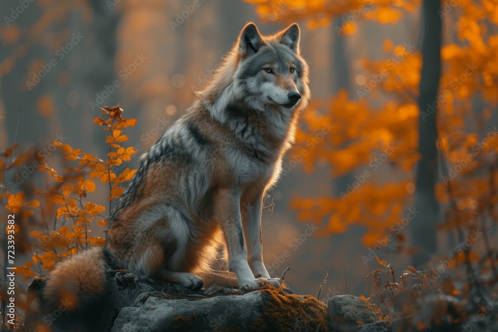 Fototapeta premium A majestic red wolf stands atop a rocky perch, surrounded by the vibrant hues of autumn and the towering trees of its wild home
