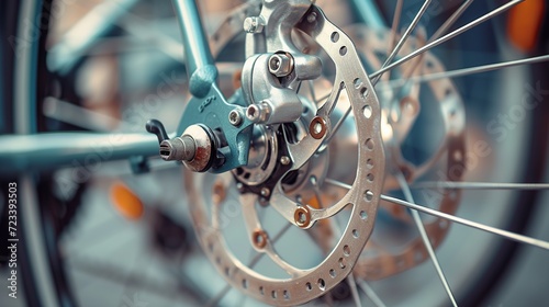 Part of the bicycle's braking system. Grey metal brake disc and brake pads on road bike, close up. 