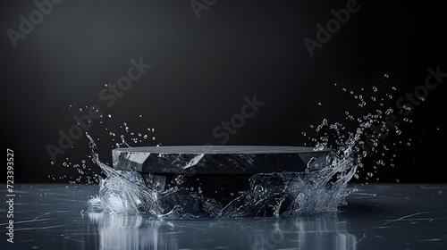 Black stone podium with water splash. Mock up for product, cosmetic presentation. Pedestal, platform for beauty products. Empty scene. Stage, display, showcase. Podium with copy space. . photo