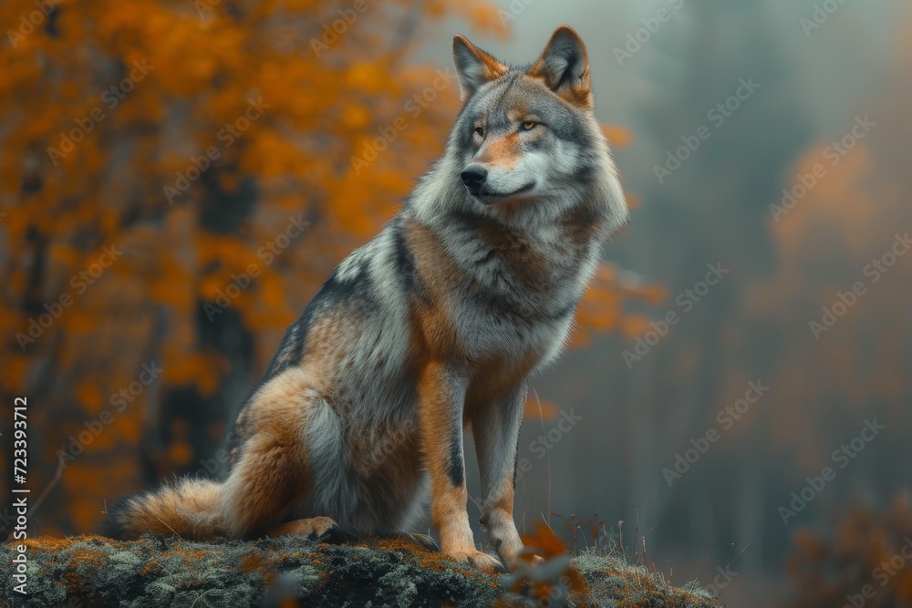 Obraz premium Amidst the vibrant autumn landscape, a majestic red wolf sits atop a rocky perch, exuding a sense of wild grace and untamed strength
