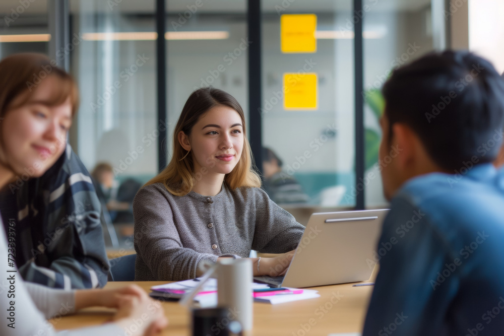 Woman at a business meeting. Background with selective focus and copy space Woman at a business meeting. Background with selective focus and copy space