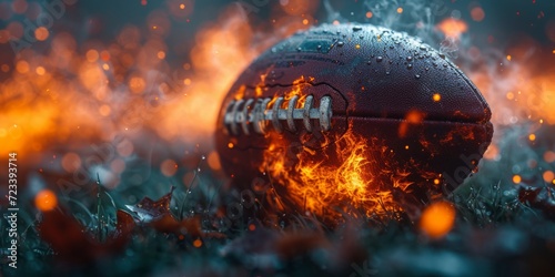 Fiery Competition  A Football Engulfed in Flames on the Field  Symbolizing the Burning Passion for the Game  Generative AI
