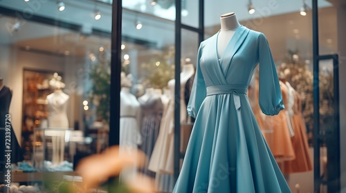 Elegant luxury women's dress on a mannequin in window display in shopping center. Dress for reception or celebration.