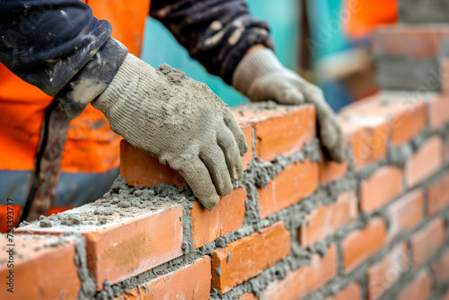 Laying bricks at a construction site. Background with selective focus and copy space