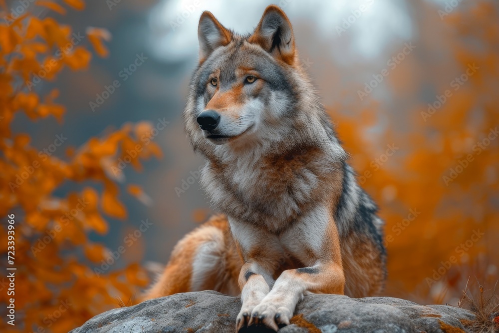 Fototapeta premium A majestic wolf, with its canine brethren and red fur shining against the backdrop of nature, calmly perches on a rock, embodying the untamed beauty and fierce spirit of the wild