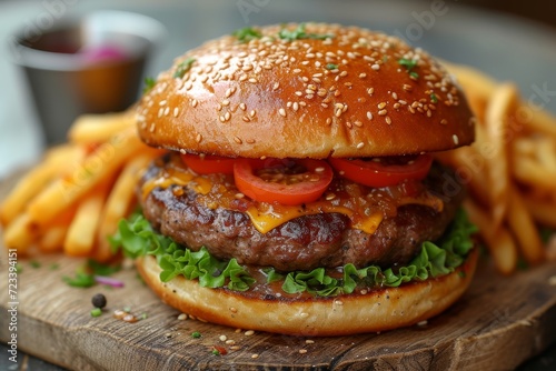 A mouth-watering american classic, stacked high with juicy patty, melted cheese, and fresh tomatoes, served on a rustic wooden board alongside golden fries, this burger is the perfect indulgence for 