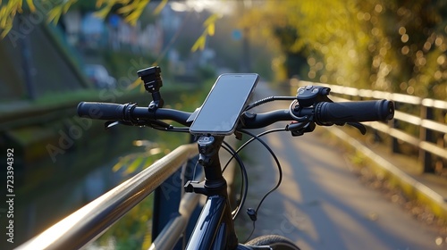 Smartphone holder for bike. Cell phone holder on bicycle to use gps.  photo
