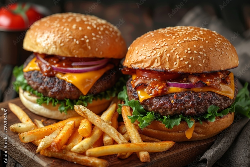 Indulge in the ultimate american comfort food experience with two juicy burgers, crispy fries, and a variety of delicious toppings, all beautifully presented on a rustic wooden board Indulge in the ultimate american comfort food experience with two juicy burgers, crispy fries, and a variety of delicious toppings, all beautifully presented on a rustic wooden board