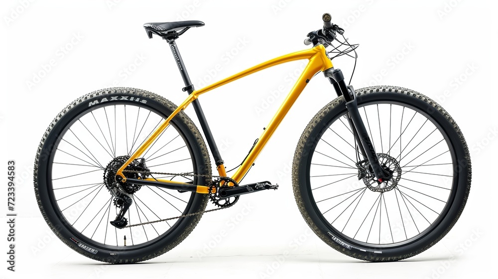yellow black 29er mountainbike with thick offroad tyres. bicycle mtb cross country aluminum, cycling sport transport concept isolated on white background 