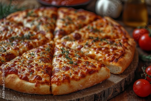 Wallpaper Mural Indulge in a mouthwatering california-style pizza topped with gooey cheese and pepperoni on a rustic wooden plate, surrounded by the warm aroma of freshly baked italian flatbread and savory tomato pi Torontodigital.ca