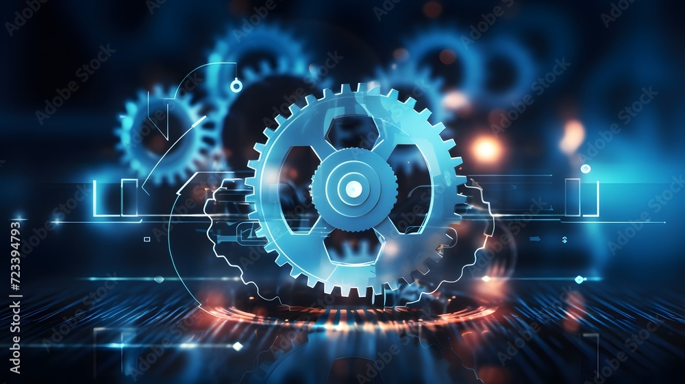 Gears icon on a digital display with reflection. Concept of business process workflow optimisation and automation, digital transformation, robotic process automation and flowing process management.  - obrazy, fototapety, plakaty 