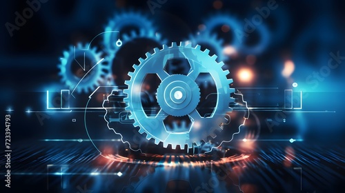 Gears icon on a digital display with reflection. Concept of business process workflow optimisation and automation, digital transformation, robotic process automation and flowing process management. 