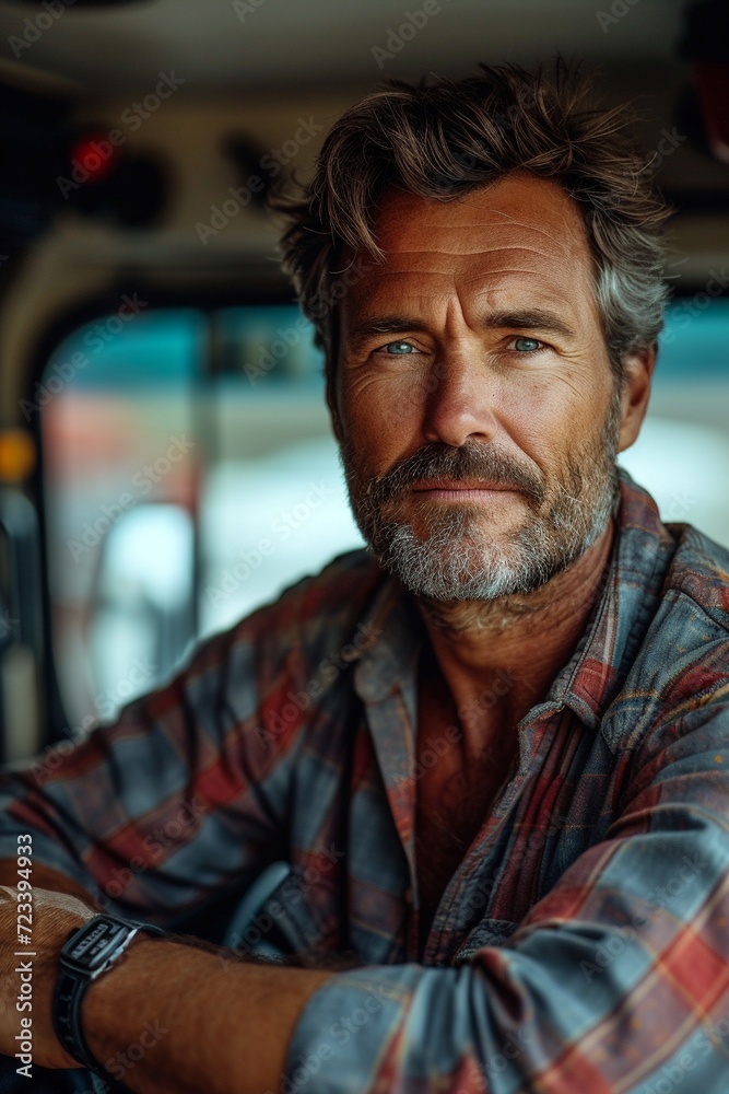 Happy confident Caucasian middle aged male driver standing in front on his truck. Photo with copy space. Hyper realistic photo, generative ai Happy confident Caucasian middle aged male driver standing in front on his truck. Photo with copy space. Hyper realistic photo, generative ai