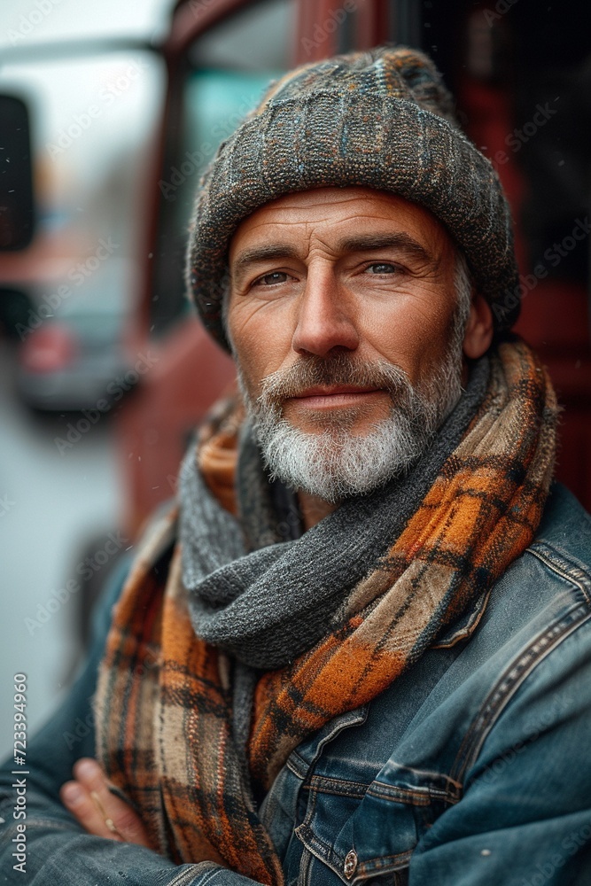 Happy confident Caucasian middle aged male driver standing in front on his truck. Photo with copy space. Hyper realistic photo, generative ai